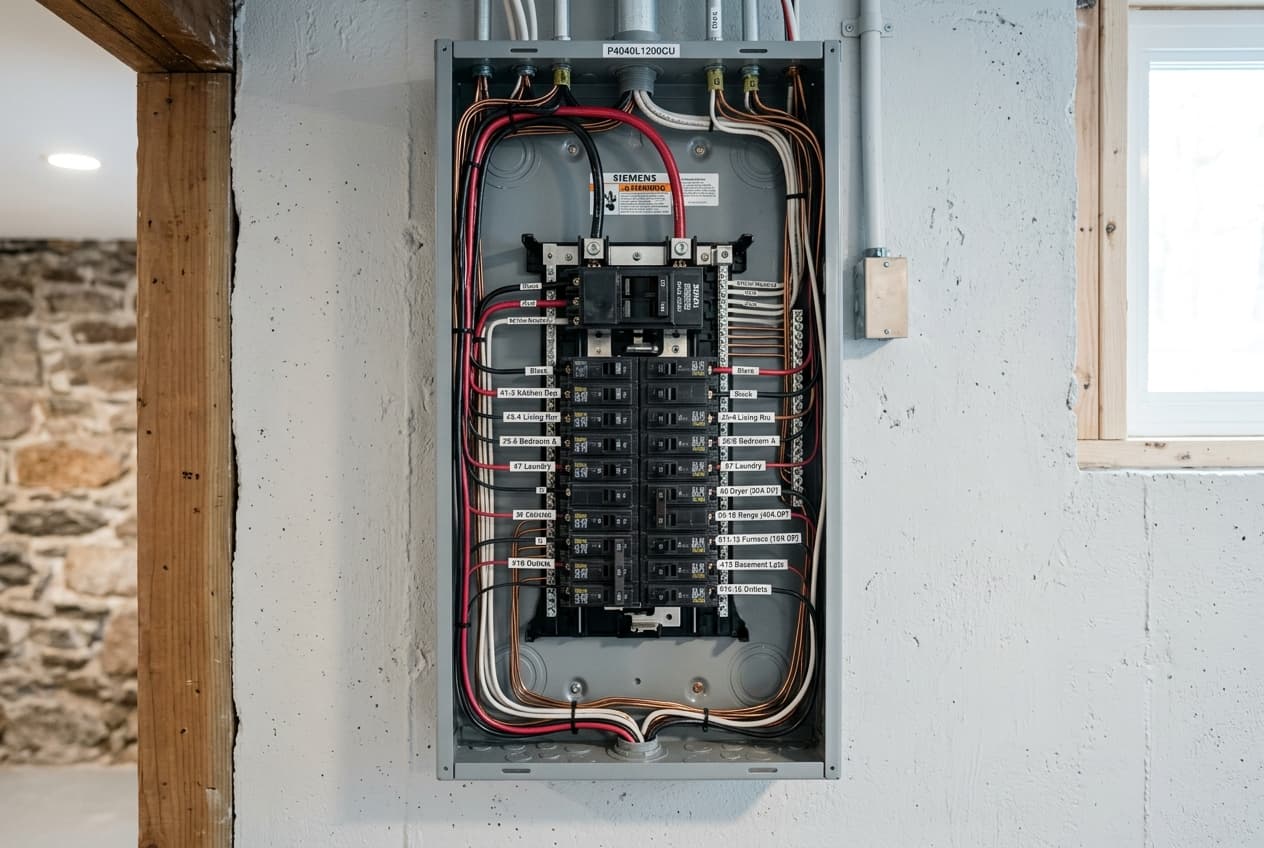 Upgraded modern 200-amp electrical circuit breaker panel installation in a Trumbull CT residential home