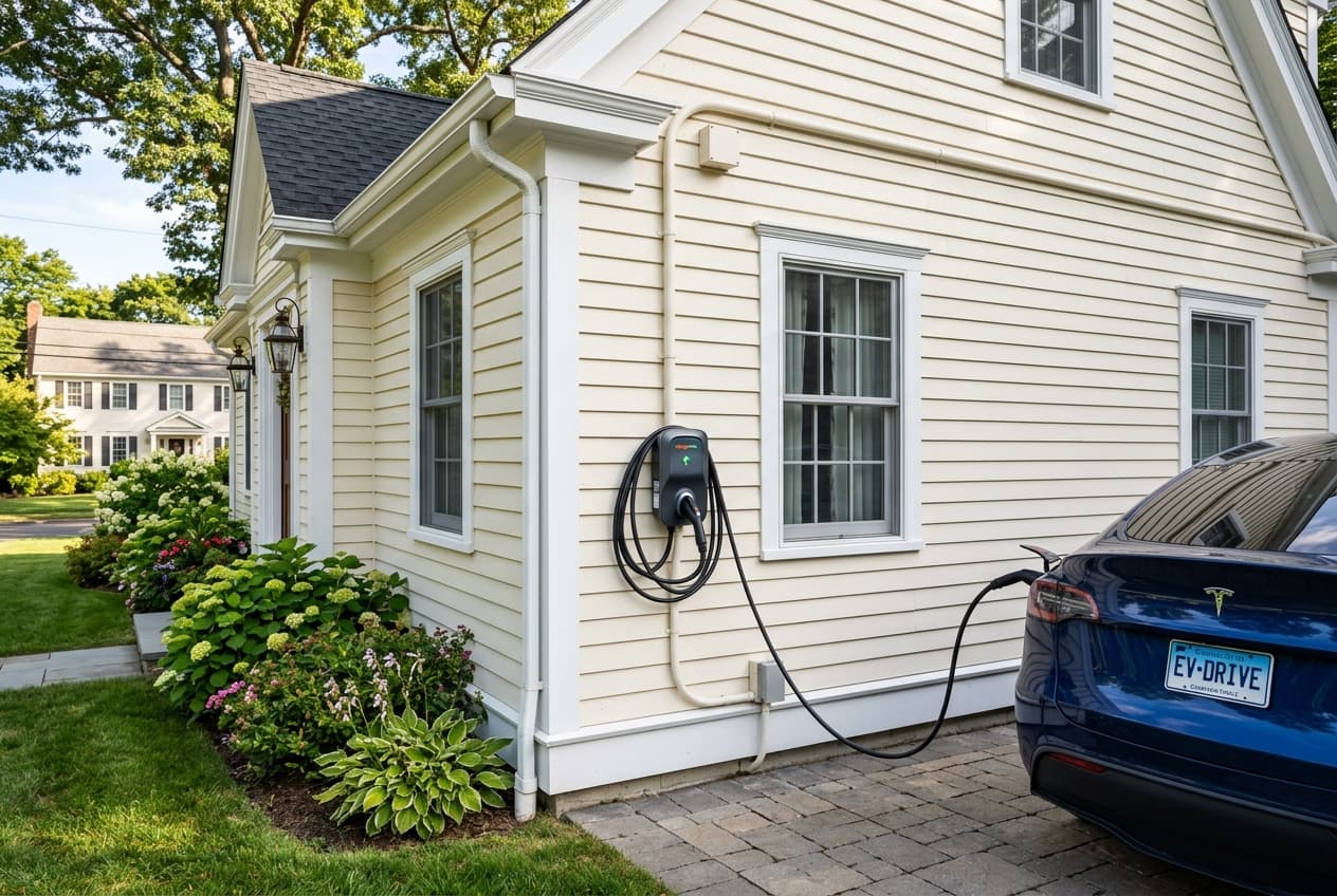 Level 2 home electric vehicle (EV) charger professional installation on the exterior of a Connecticut home