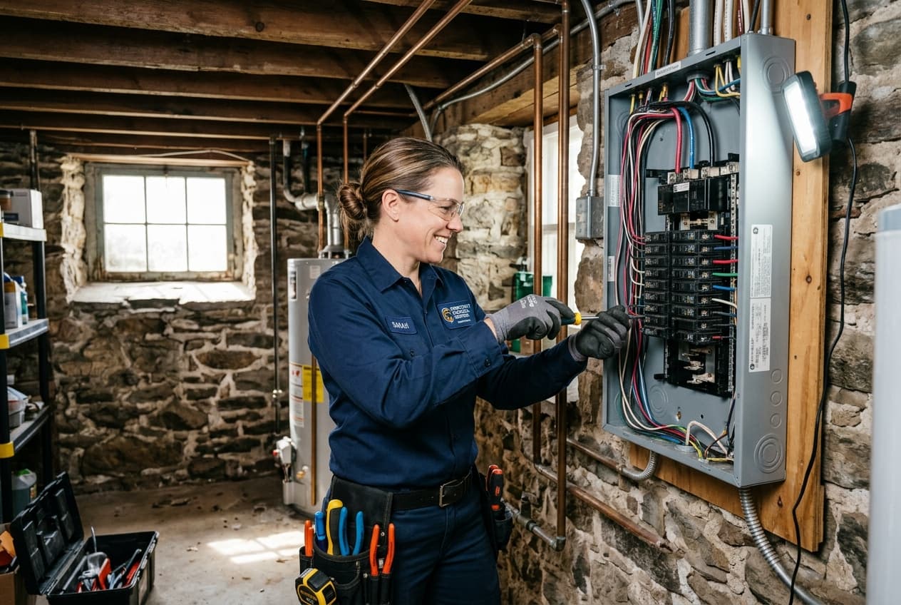 Licensed Trumbull electrician inspecting a residential electrical panel in a Connecticut colonial home basement