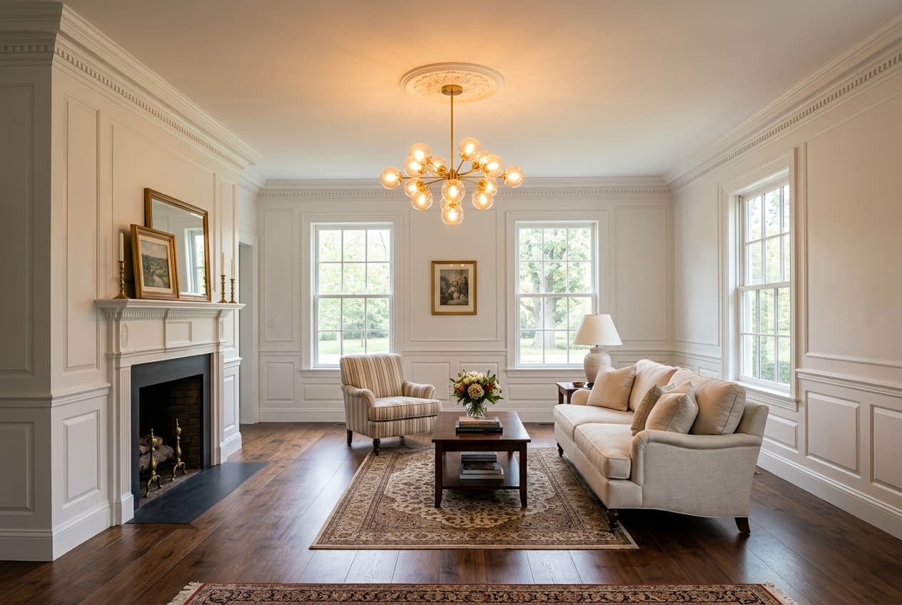 High-quality custom lighting fixture installation in a modern Connecticut living room by local electricians